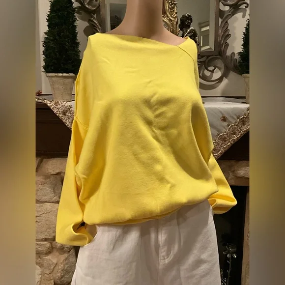 NWT Free People Asymmetrical Neckline Sun Yellow Pullover Sweater S - Picture 2 of 6